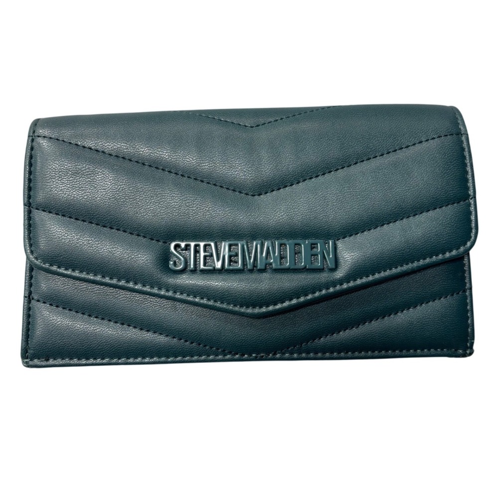 Steve Madden Wallet Chevron Quilted Teal Faux Leather Magnetic Snap Logo Clutch